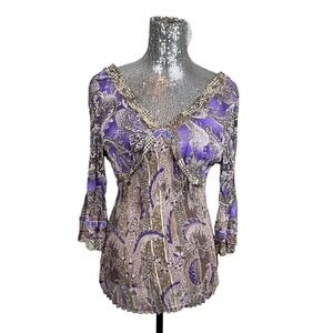 Vintage Y2K Purple Whimsigoth Chiffon Babydoll Flare Velvet Trim Fairy Top Large